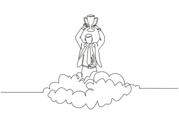 Single continuous line drawing businessman holding trophy in cloud. Showing award celebrates his victory in sky. Business success goal achievement. Winning competition. One line graphic design vector