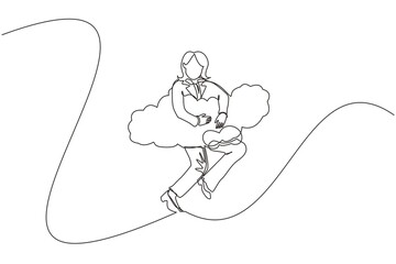 Continuous one line drawing businesswoman hang in the clouds. Hoping for success, financial freedom, winning business project, achievement concept. Single line draw design vector graphic illustration