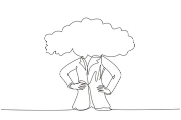Single continuous line drawing cloud head businesswoman. Woman with empty head and cloud instead. Distracted, daydreaming, absent, impractical concept. One line draw graphic design vector illustration