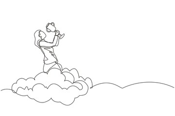 Single continuous line drawing businesswoman holding trophy in cloud. Showing award celebrate her victory in sky. Business success goal achievement. Winning competition. One line graphic design vector