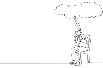 Continuous one line drawing Arab businessman sitting under rain cloud. Business failure. Worried man thinking about business with negative trend. Collapse of economy. Single line design vector graphic