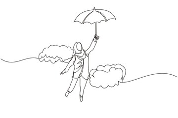 Single continuous line drawing happy wealthy Arabian businesswoman flying with her umbrella holding briefcase. Office worker achieve financial independence. One line graphic design vector illustration