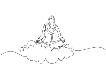 Single continuous line drawing office worker or businesswoman relaxes, meditates in lotus position on clouds. Arabian woman relaxing with yoga or meditation pose. One line draw graphic design vector