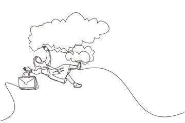 Single continuous line drawing Arab businesswoman falling from sky. Failure and defeat. Employee dismissal, bankruptcy. Financial crisis. Person loses business and job. One line graphic design vector