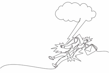 Single one line drawing Arabian businesswoman struck by lightning or thunder from dark cloud. Bad luck, misery, unfortunate, unlucky, disaster, risk, danger. Continuous line draw design graphic vector