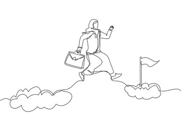 Single continuous line drawing fearless brave Arab businesswoman make risk by jump over clouds to reach her success target or flag. Challenge of her career. One line graphic design vector illustration