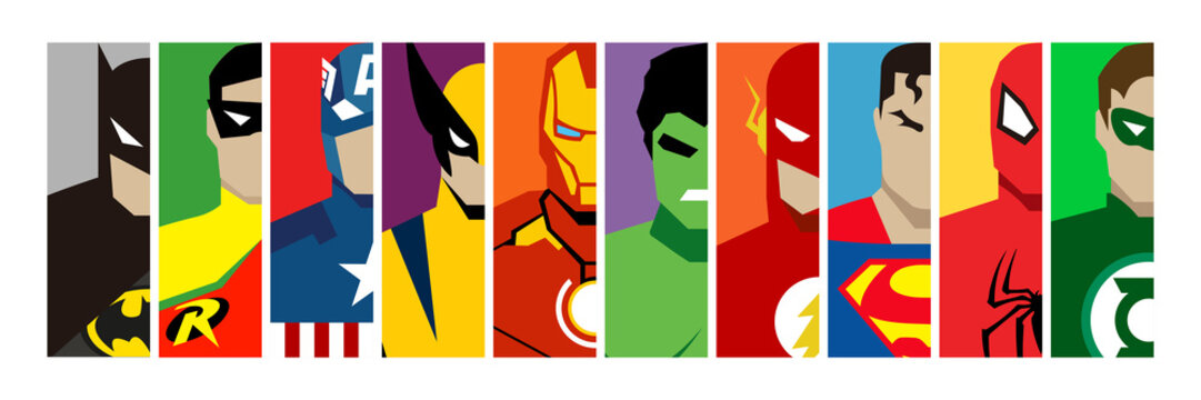 Poster of famous Superhero, Batman, Robin, Captain America, Wolverine, Iron Man, Hulk, Flash, Superman, Spiderman, Green Lantern, Vector editorial illustration