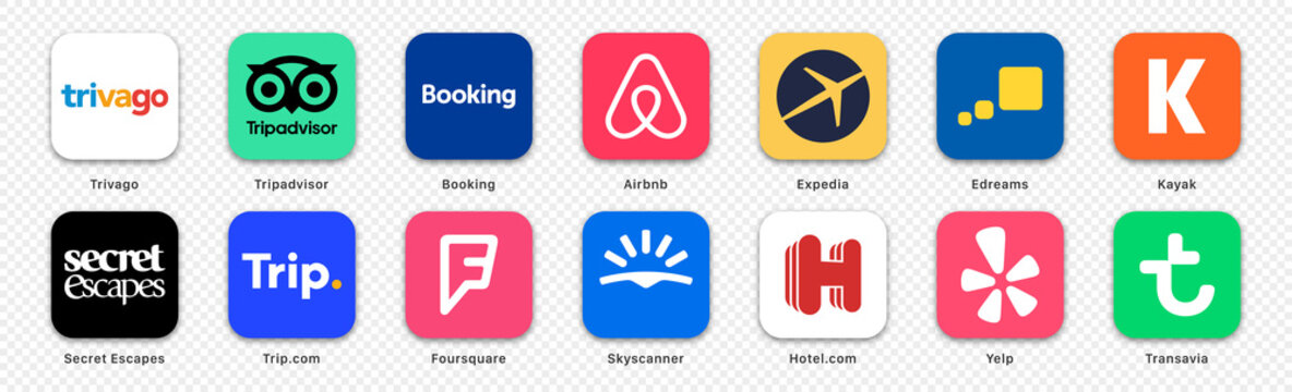 Set of bookings app logo, Trivago, Tripadvisor, Airbnb, Edreams, Kayak, Trip.com, Secret Escapes, Foursquare, Skyscanner, Hotel, Hotel.com, Yelp, Transavia, vector editorial illustration