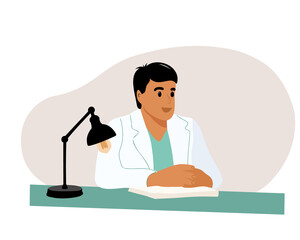 A male doctor sits at a table. Consultation, patient in doctor's office. Reception at the doctor. Diagnostics. Vector flat illustration