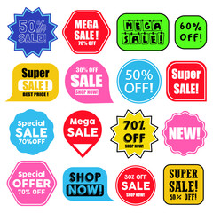 Special sale and discount offer tags set. Vector set of diversified super and mega sale.