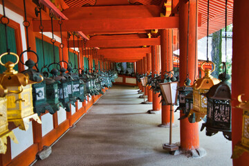 The corridor and lanterns of Kasuga Taisha shrine.   Nara Japan
