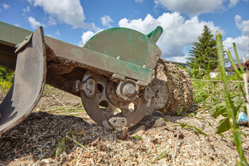 The stump is crushed using a stump cutting knife. The surrounding savings are held by a barrier....