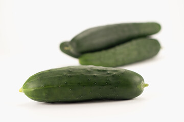 Cucumbers isolated on bright background. Close up view. Selective focus.