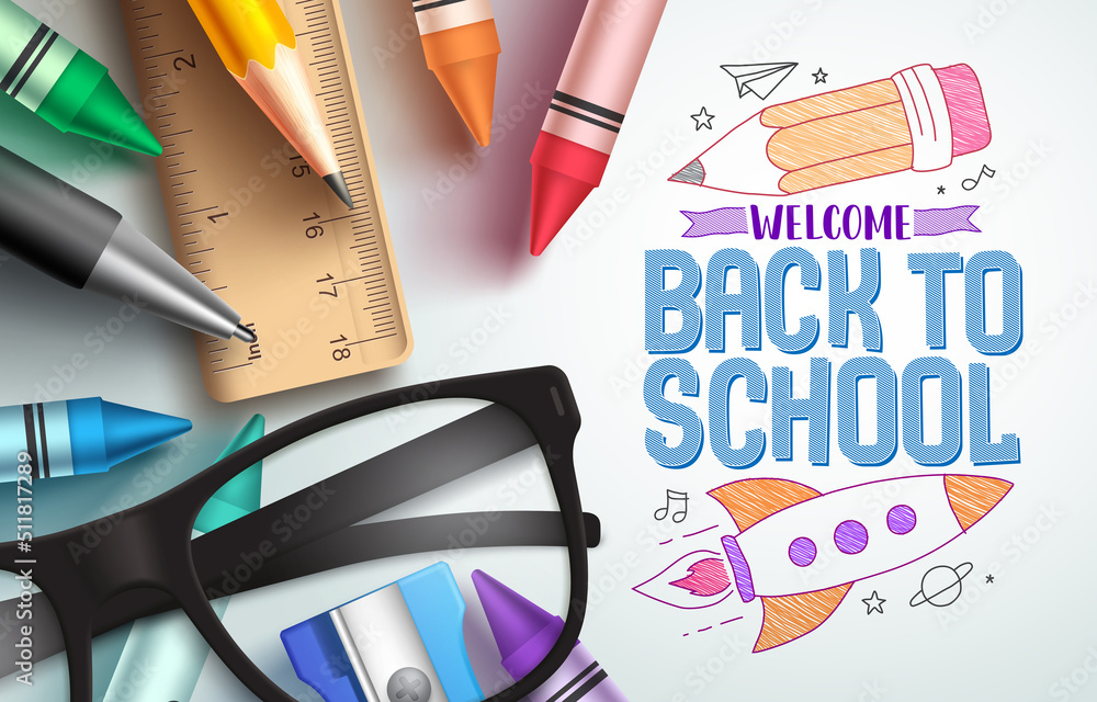 Poster back to school vector background design. welcome back to school text in hand draw sketch with educat