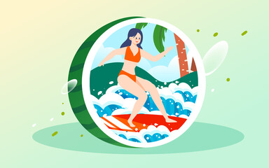 Fototapeta na wymiar Summer character sits on watermelon and eats watermelon to relieve the heat, with ice cubes and plants in the background, vector illustration