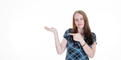woman presenting palm hand pointing finger looking camera on white background aside copy space