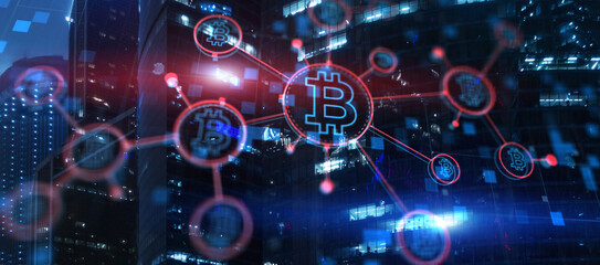 Bitcoin on corporate skyscrapers and office blocks background. Cryptocurrency future Technology