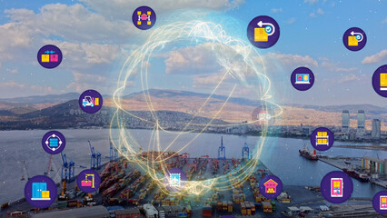 Logistic business or transport concept Aerial view over import export port with many stacks of...