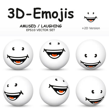 3D Emoji with AMUSED, LAUGHING Facial Expressions  in 6 Different 3D Perspectives -  EPS10 Vector Collection