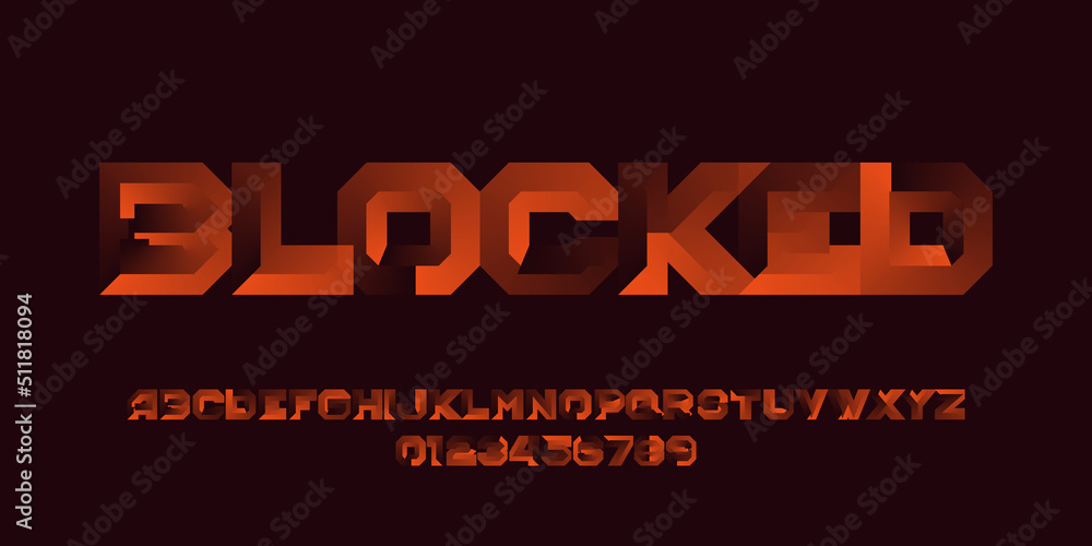 Poster blocked alphabet font. geometric letters and numbers with gradient elements. stock vector typeface f