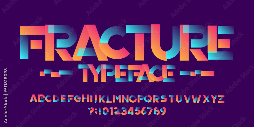 Poster fracture alphabet font. playful letters and numbers. stock vector typeface for your typography desig