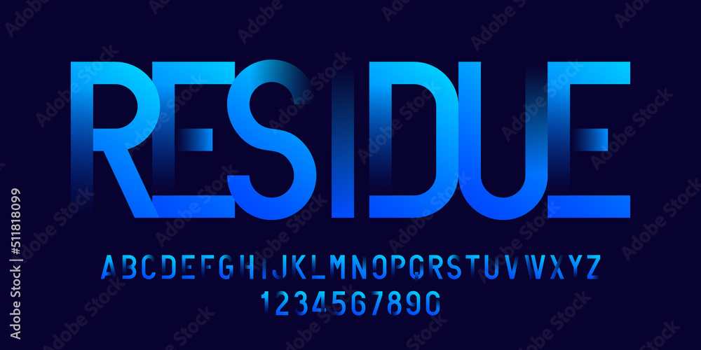 Poster residue alphabet font. futuristic letters and numbers with gradient elements. stock vector typeface 