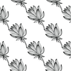 Wildflower lotus flower pattern in a one line style. Outline of the plant: Black and white engraved ink art lotos. Sketch wild flower for background, texture, wrapper pattern, frame or border.