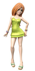 3D Cartoon girl in green dress