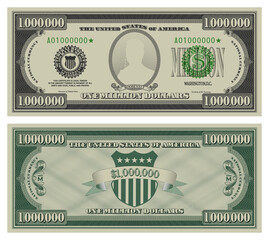 Vector million dollars banknote. Gray obverse and green reverse fictional US paper money in style of vintage american cash. Frame with guilloche mesh and bank seals. Roosevelt - obrazy, fototapety, plakaty