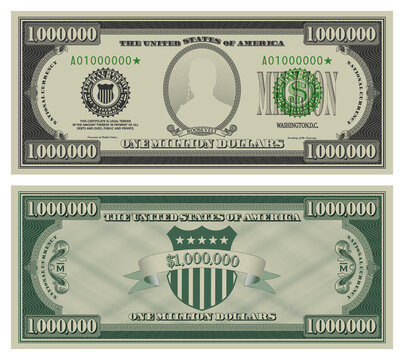 Vector million dollars banknote. Gray obverse and green reverse fictional US paper money in style of vintage american cash. Frame with guilloche mesh and bank seals. Roosevelt
