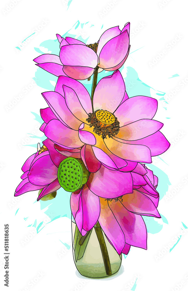 Poster abstract of lotus flower arrangements with color splashed on white background.