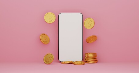 Bitcoin exchange on your smartphone with online investments pink background. Blockchain Technology, Cryptocurrency Markets, Wallets, Application and Mobile Finance. isometric 3d illustration.