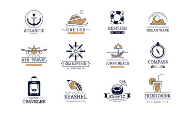 Sail sea logo. Vintage maritime and sailboat symbols. Boat in Atlantic. Rope label and navigation anchor emblem. Summer recreation. Marine cruise. Ocean resort. Vector identity signs set © Natalia