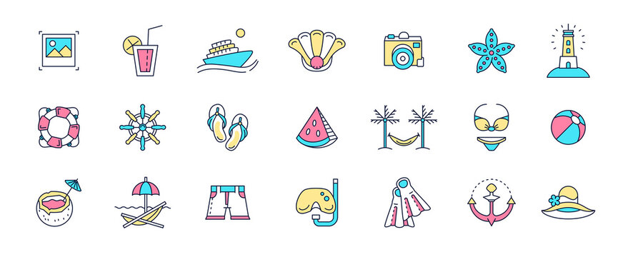Summer beach icons. Holiday pictograms. Hot color design. Outline signs set. Tropical resort. Summertime recreation. Sunbathing and snorkeling. Marine cruise. Vector line art illustration