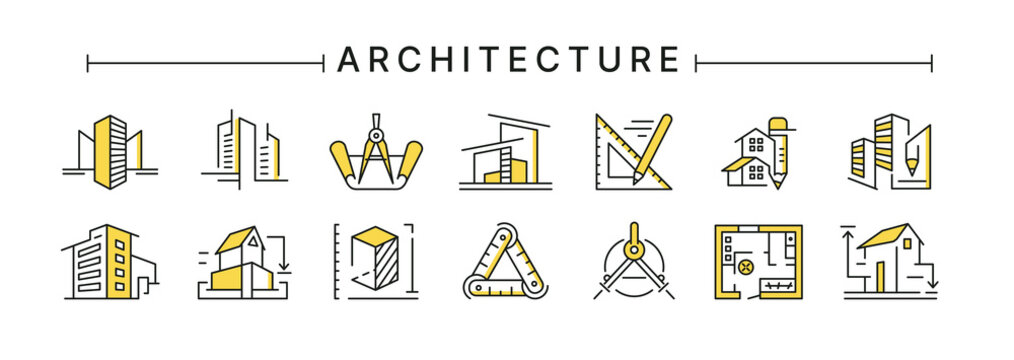 Architect buildings. Line icons of architecture project for engineer documents and plans. Apartment interior blueprint. House construction. Drafting stationery. Vector design logo set