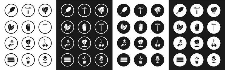 Set Tree with apple, Garden gloves, Leafs, rake, Cherry and Hand holding flower icon. Vector