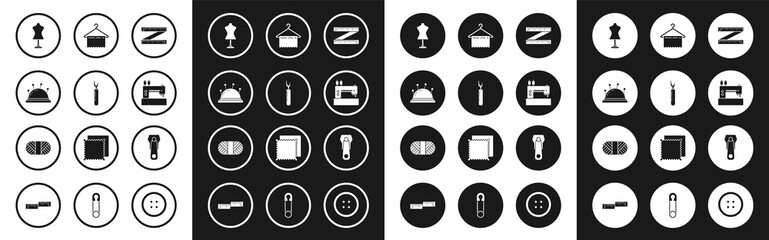 Set Tape measure, Cutter tool, Needle bed and needles, Mannequin, Sewing machine, Hanger wardrobe, Zipper and thread on spool icon. Vector