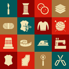 Set Scissors, Sewing machine, Yarn ball with knitting needles, button for clothes, and leather, thread spool, Cutter tool and Sweater icon. Vector