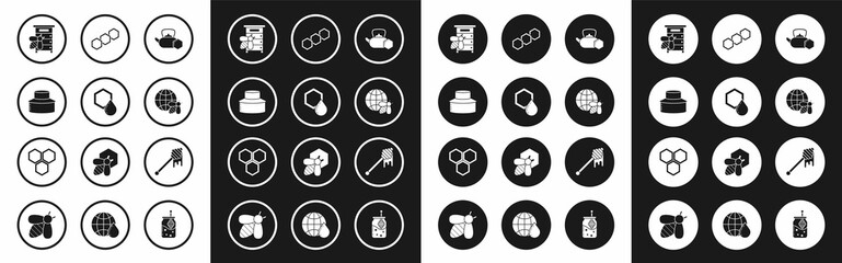 Fototapeta premium Set Tea kettle with honey, Honeycomb, Beekeeper protect hat, Hive for bees, map of the world and, dipper stick dripping and icon. Vector