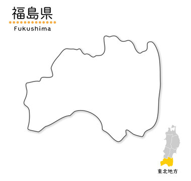 福島県のシンプルな白地図、単純化した線画、地方と位置
