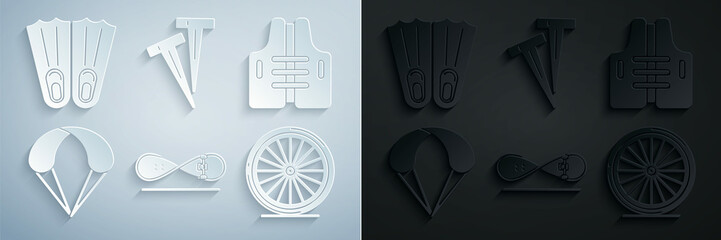 Set Skateboard trick, Life jacket, Parachute, Bicycle wheel, Pegs for tents and Rubber flippers swimming icon. Vector © Oksana