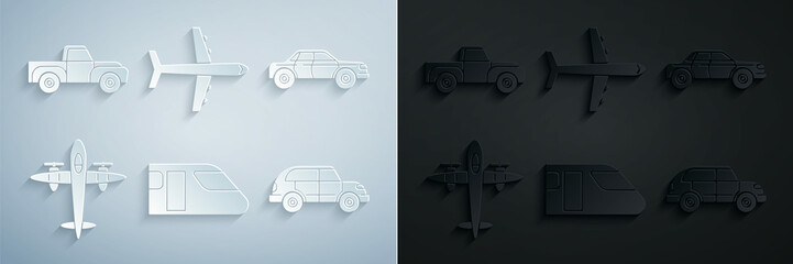 Set Train, Sedan car, Old retro vintage plane, Hatchback, Plane and Pickup truck icon. Vector