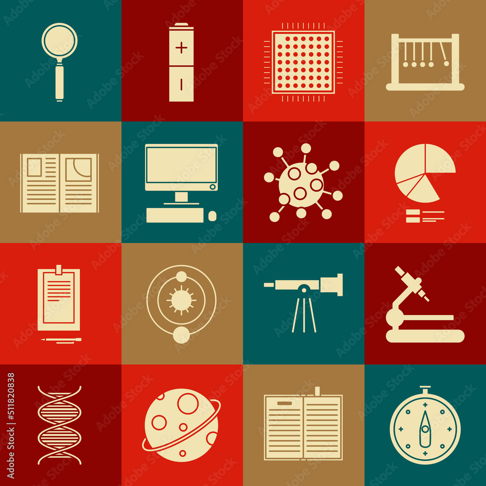 Poster set compass, microscope, pie chart infographic, processor, computer monitor with keyboard and mouse,