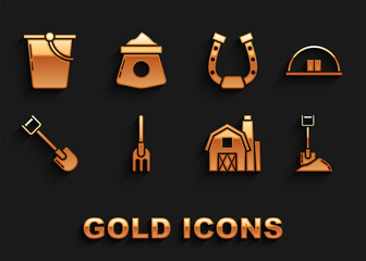 Set Garden rake, Hangar, Shovel in the ground, Farm House concept, Horseshoe, Bucket and Bag of flour icon. Vector