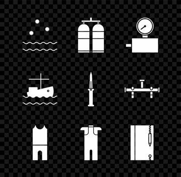 Set Cold and waves, Aqualung, Gauge scale, Wetsuit for scuba diving, Underwater note book pencil, Fishing boat on and Army knife icon. Vector