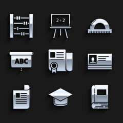 Set Certificate template, Graduation cap, Book, Identification badge, Document, Chalkboard, Protractor grid for measuring degrees and Abacus icon. Vector