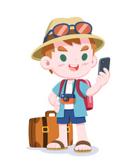 Cute style tourist looking at smartphone cartoon illustration
