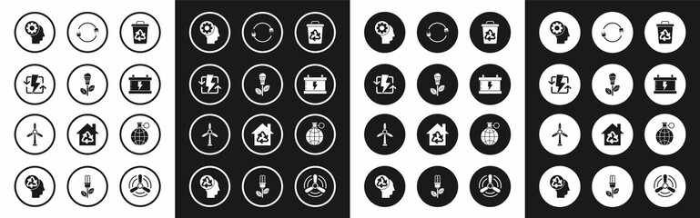 Set Recycle bin with recycle symbol, Light bulb leaf, Recharging, Human head gear inside, Car battery, Electric plug, Planet earth and recycling and Wind turbine icon. Vector