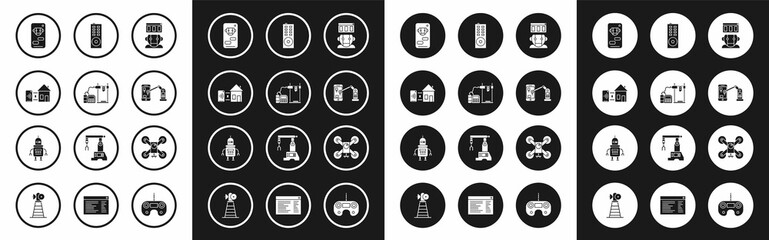 Set Robot, 3D printer, Smart home, Bot, Industrial machine robotic robot arm hand, Remote control, Drone flying with action camera and icon. Vector