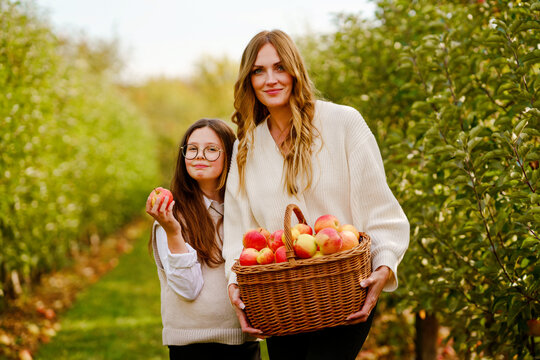 Happy school girl and beautiful mother with red apples in organic orchard. Happy woman and kid daughter picking ripe fruits from trees and having fun in garden. Harvest season for family.
